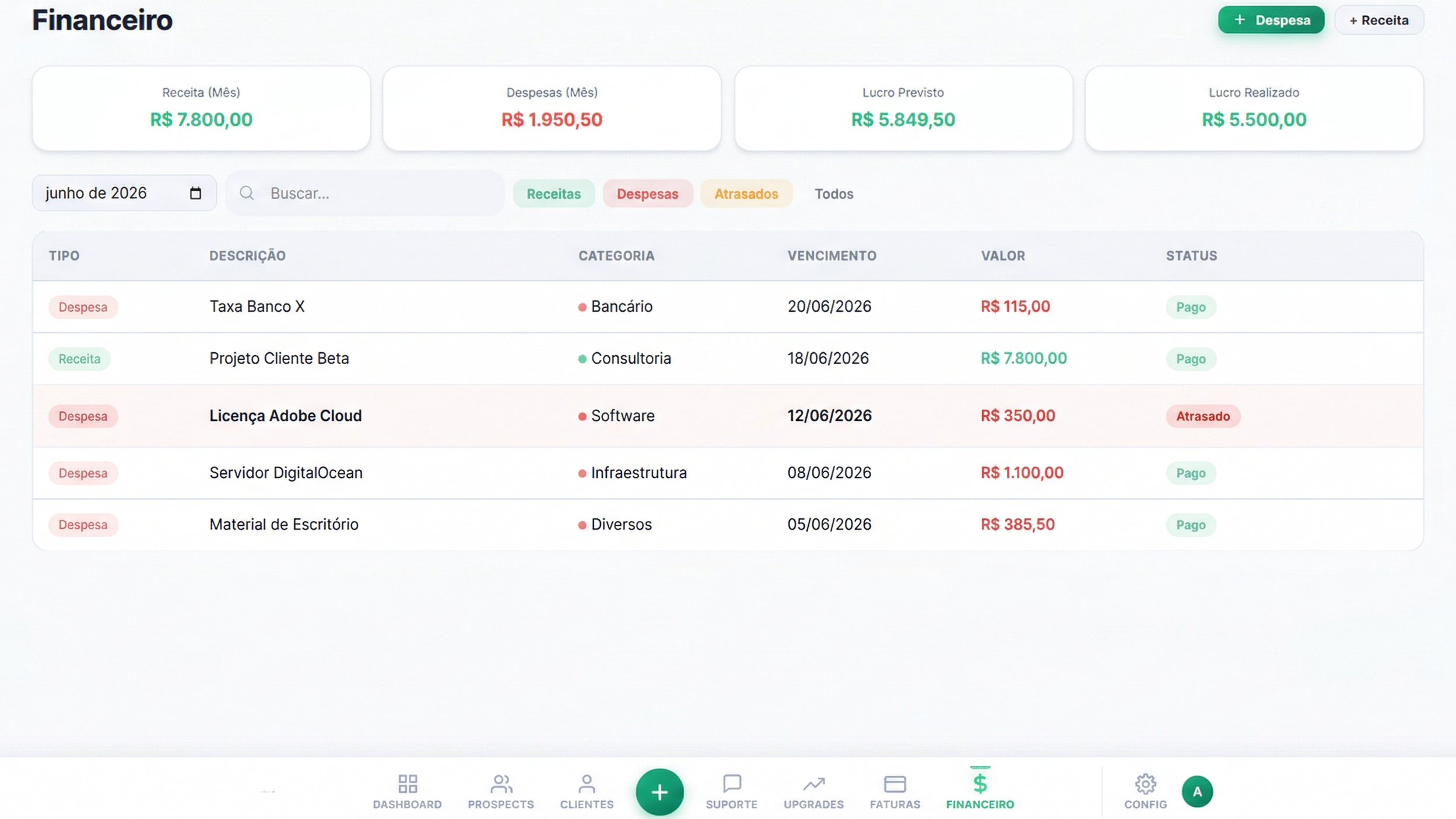Tela principal do sistema Lunver no desktop